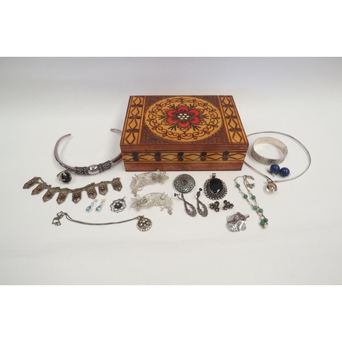 1291 - A wooden box with jewellery contents, some silver and some costume jewellery