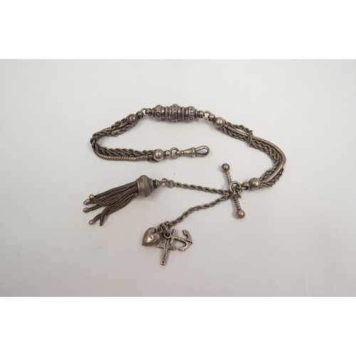 1299 - A white metal watch chain with rope twist and tassel, hung with three silver charms   (C)