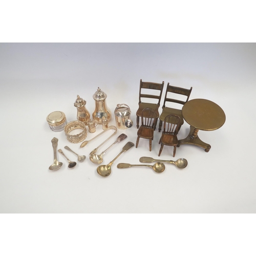 1310 - A quantity of metalware including silver salt, napkin ring and brass doll's house furniture