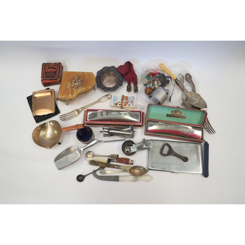 1336 - A group of mixed items including silver dish and fork, marbles, harmonicas etc