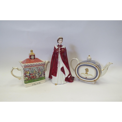 1338 - A Sadler Golden Jubilee teapot, A day at the Races teapot and Royal Worcester 80th Birthday Celebrat... 