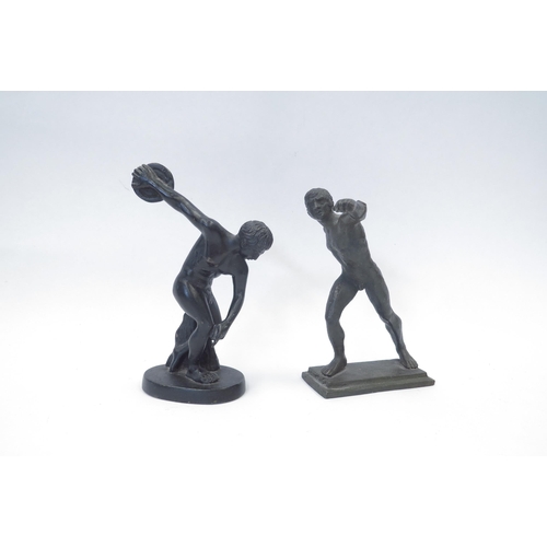 1339 - Two Grand Tour style bronze sculptures of a discus thrower and Romanesque fighter, 13cm high and 12c... 