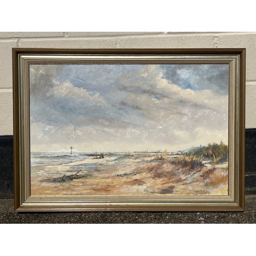 8022 - DEREK W. PLANT (XX): An oil on canvas of East Anglian coastal scene, dated 1989, framed