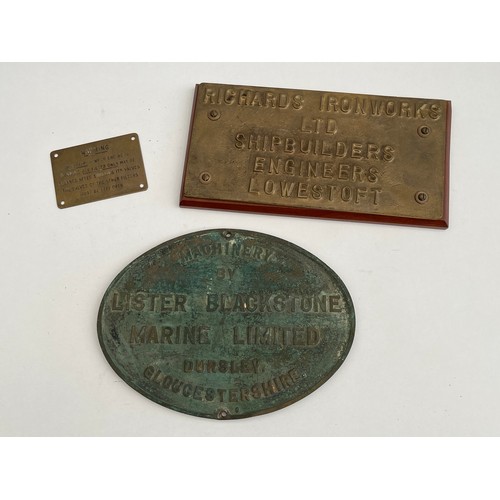 8044 - Three ship builders / engineer plaques: engine warning, ‘machinery by Lister Blackstone’ and Richard... 