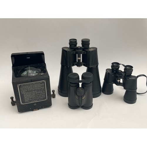 8074 - A box of modern binoculars together with a John Hand & Sons compass, thought to be for US Navy lifeb... 