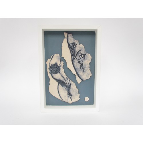 7126 - A framed studio pottery picture, foliate detail with 'GR' studio pottery mark. Overall size 28.5cm x... 