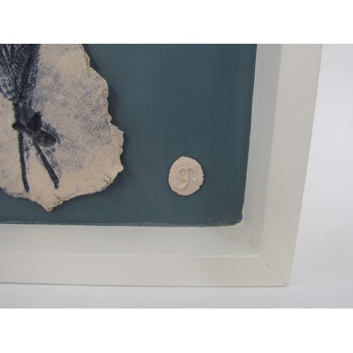 7126 - A framed studio pottery picture, foliate detail with 'GR' studio pottery mark. Overall size 28.5cm x... 