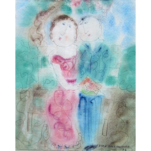 7497 - DORA HOLZHANDLER (1928-2015) A framed original watercolour on paper of a couple, signed and dated 19... 