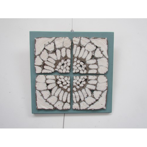 7111 - Clayscapes - a studio pottery abstract wall hanging, label verso. Overall size 30cm x 30cm