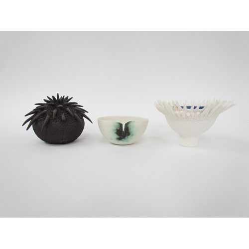 7086 - Three Carole Venables studio pottery urchin bowls/sculptures, tallest 7.5cm, a/f