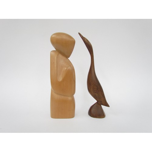 7554 - A stylised abstract wooden sculpture signed Parker to base along with a stylised wooden bird sculptu... 