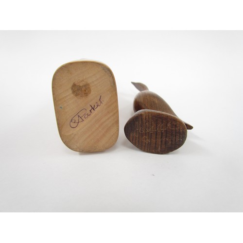 7554 - A stylised abstract wooden sculpture signed Parker to base along with a stylised wooden bird sculptu... 