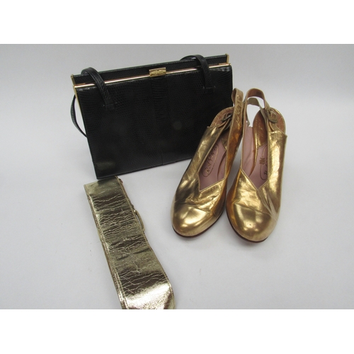 6004 - A pair of Rayne late 1940's early 50's gold coloured leather sling back evening shoes, a gold colour... 