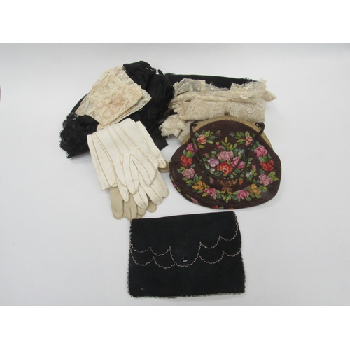 6010 - A small quantity of period lace, kid leather gloves and two purses including needlepoint