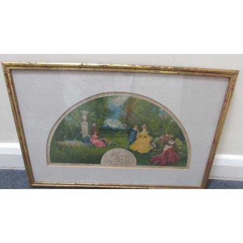 6012 - After Watteau: A 19th Century watercolour of a fan design on silk depicting courting figures in a ga... 