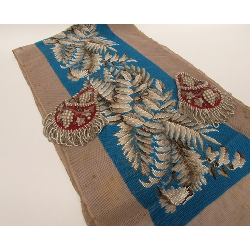 6021 - An example of Victorian beadwork, turquoise ground with buff, white and bronze fern leaf design, 123... 