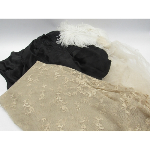 6023 - A selection of Victorian and later under-garments, a silver lame shawl, lace shawl and a black silk ... 