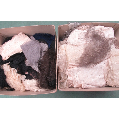 6031 - Two boxes containing mainly 19th and early 20th Century lace panels, fichus, parts of sleeves, bodic... 