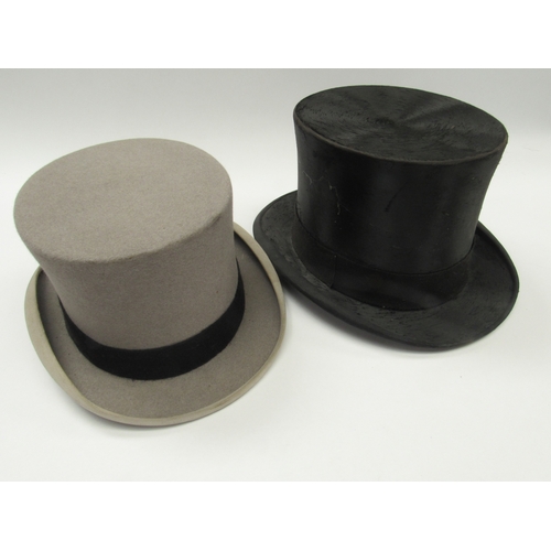 6039 - Four gents hats, black silk top hat, grey top hat, bowler and a polo hat, black silk top hat and bow... 