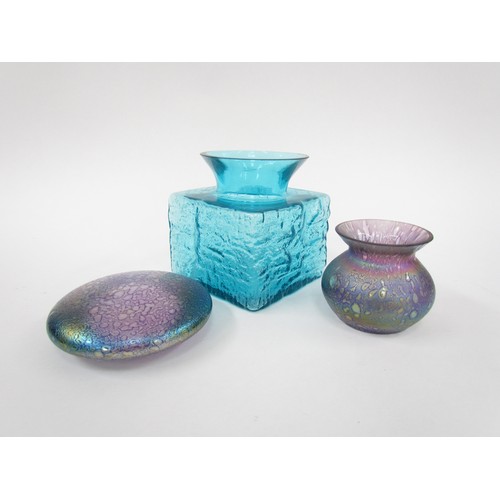 7172 - A blue Dartington glass vase with ripple design by Frank Thrower, an iridescent glass small vase and... 