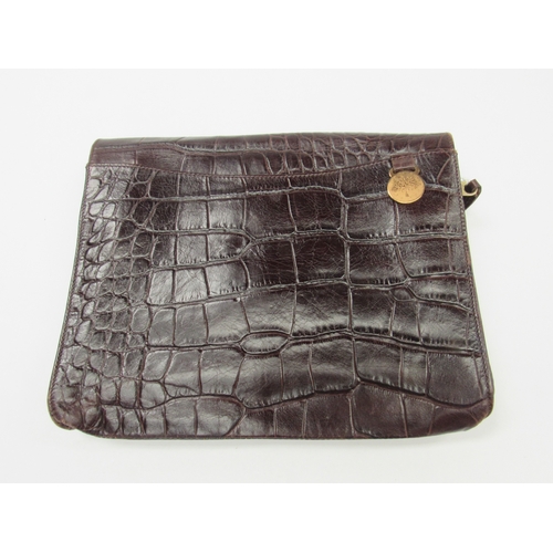 6047 - MULBERRY: Vintage brown leather clutch bag, mock crock plaid interior lining, three compartment, sin... 