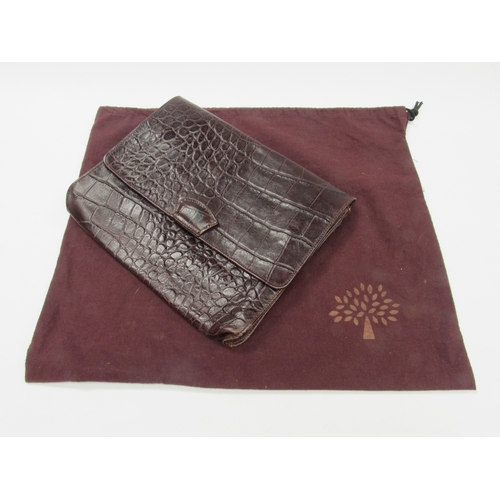 6047 - MULBERRY: Vintage brown leather clutch bag, mock crock plaid interior lining, three compartment, sin... 