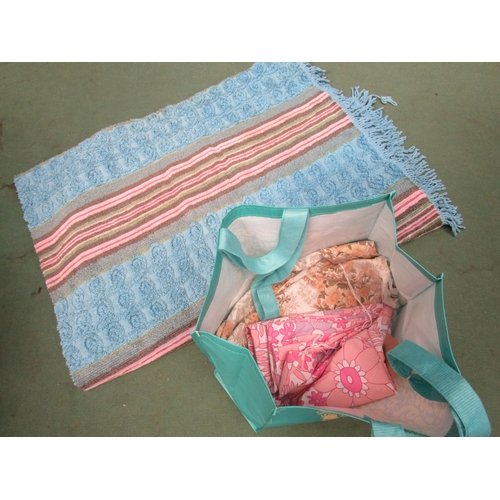 6057 - A classic 1960's turquoise towelling bedspread with a candy pink stripe design, a 