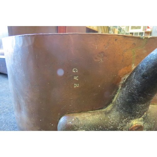 1002 - A large scale copper pan (37cm diameter) stamped G.W.R..  78cm overall length   (E) £40-60