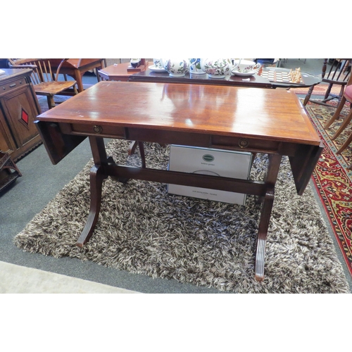 1039 - A drop-leaf hall table with twin frieze drawers on outswept legs joined by stretcher  (R) £20