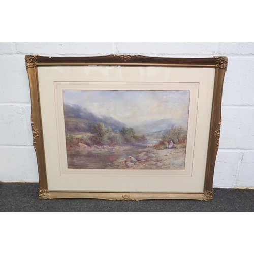 1052 - HARRY HIME 1912: Watercolour of a lady and child at the waterside in a mountain valley.  Signed lowe... 