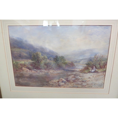 1052 - HARRY HIME 1912: Watercolour of a lady and child at the waterside in a mountain valley.  Signed lowe... 