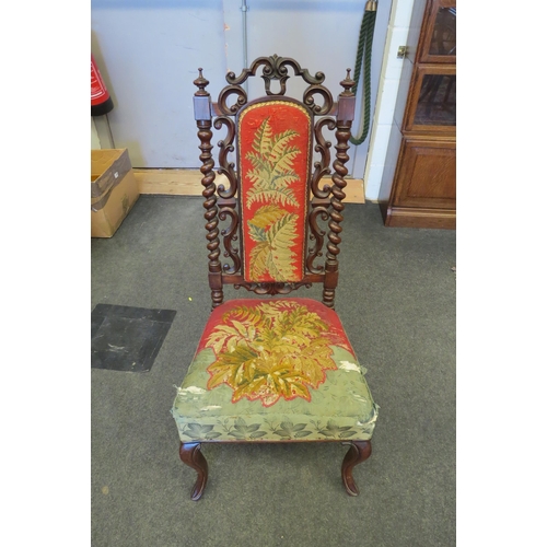 1093 - A circa 1860 carved walnut chair with barley twist and carved supports on cabriole fore legs, uphols... 