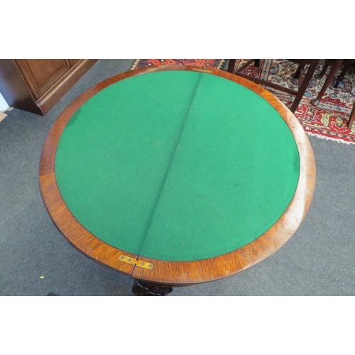 1102 - A demi-lune carved edge top games table, the baize lined circular top over a pull-out rear support l... 