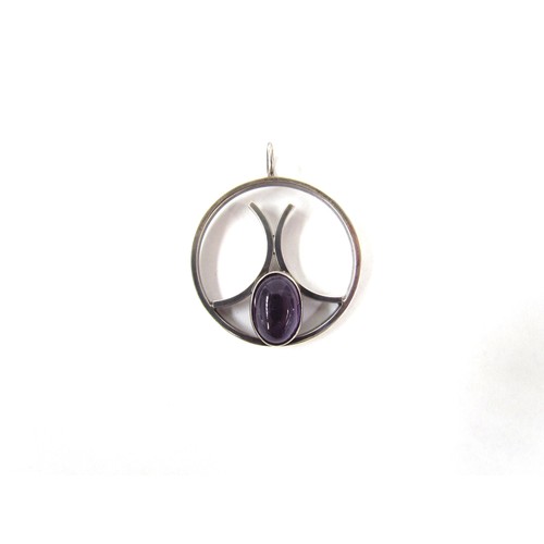 7264 - A stylised modernist abstract sterling silver pendant with purple stone hallmarked Edinburgh 1975. 3... 