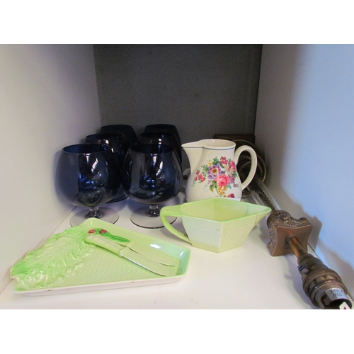 1241 - A group of six brandy glasses, A Carlton Ware lettuce leaf butter dish, gravy boat and two butter kn... 