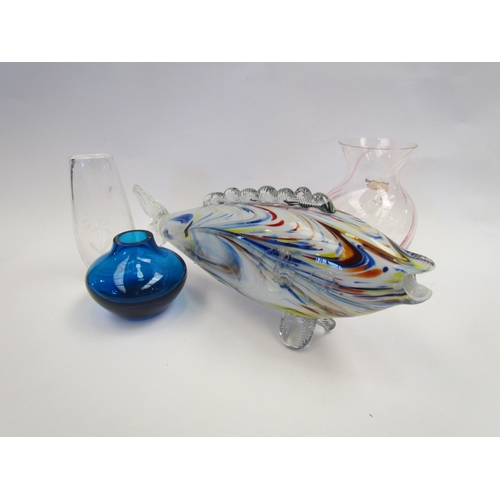 1364 - A Murano fish, and three Art glass vases, tallest 15cm