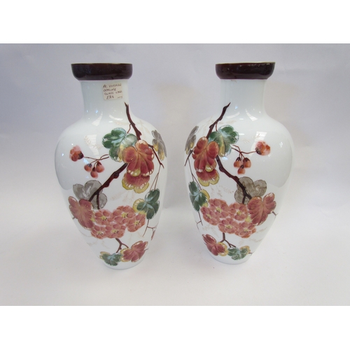 1366 - A pair of late Victorian/Edwardian opaline vases with blossoming branch detail, 31.5cm tall