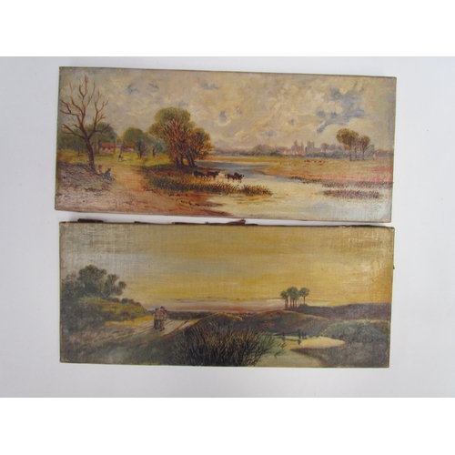 1393 - Two early Edwardian oil on canvas rural landscapes, 35.5cm x 15.5cm