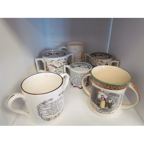 1397 - Twin handled mugs including Harvest mugs, Cries of London, God Speed the Plough