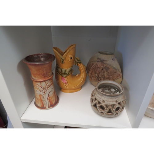 1355 - A Bernard Rooke pottery vase decorated with a moth, two other Studio pottery items, glug jug (4)