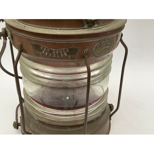 8107 - A Smith & Barnes of Newcastle ‘NOT UNDER COMMAND’ ship’s lantern, copper and brass, numbered 2206, 3... 