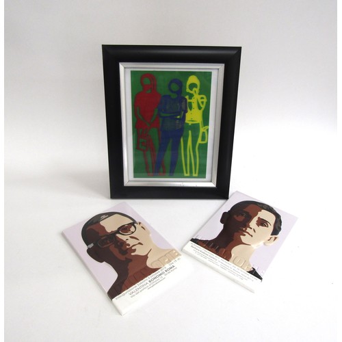 7588 - A Julian Opie framed large lenticular moving image card of people, image size 20.5cm x 14cm and two ... 