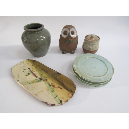 7142 - A collection of studio pottery including a set of 5 green glaze side plates, signed to the base, a R... 