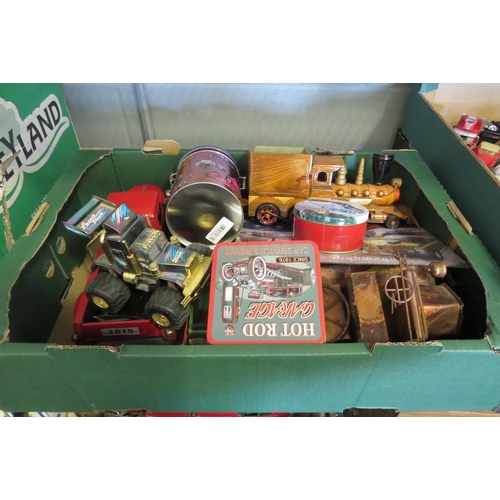 1410 - A box of models, tins and automotive themed books