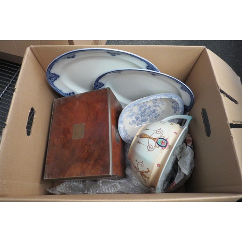 1431 - Blue and white platters, a chamber pot and a brass mounted writing slope.