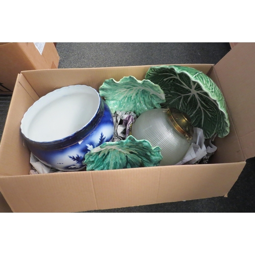 1432 - A box of light fittings and ceramics including blue and white jardiniere, cabbage leaf plates and ho... 