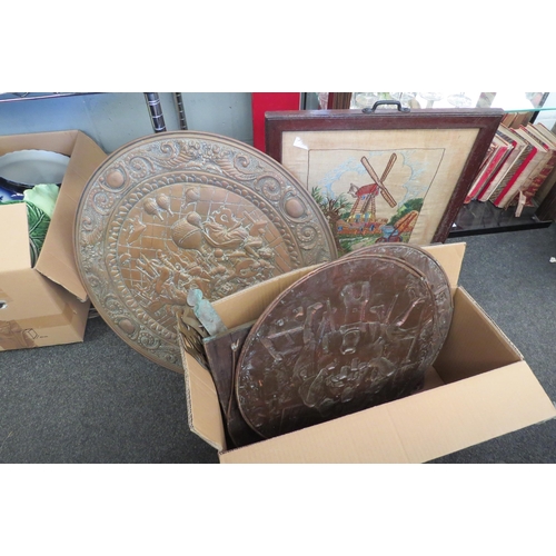 1433 - A box of brassware and brass and copper pans and an embroidered fire screen with windmill scene   (E... 