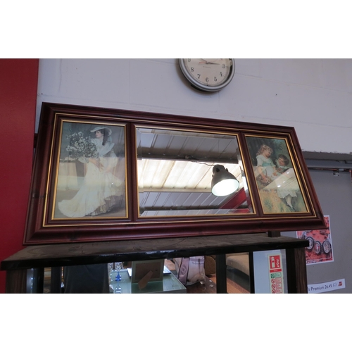 1435 - A bevelled edge pine mirror with two picture panels to side, 57cm x 127cm in total   (E)  £15-20