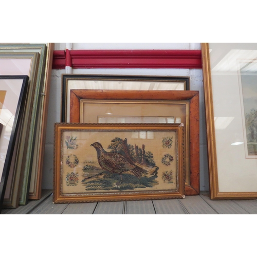 1201 - A Walnut framed water colour of a river scene, a needle work Pheasant, and a hand coloured map of Wa... 