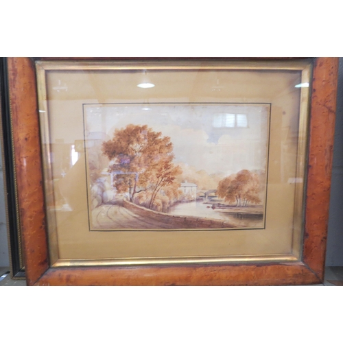1201 - A Walnut framed water colour of a river scene, a needle work Pheasant, and a hand coloured map of Wa... 